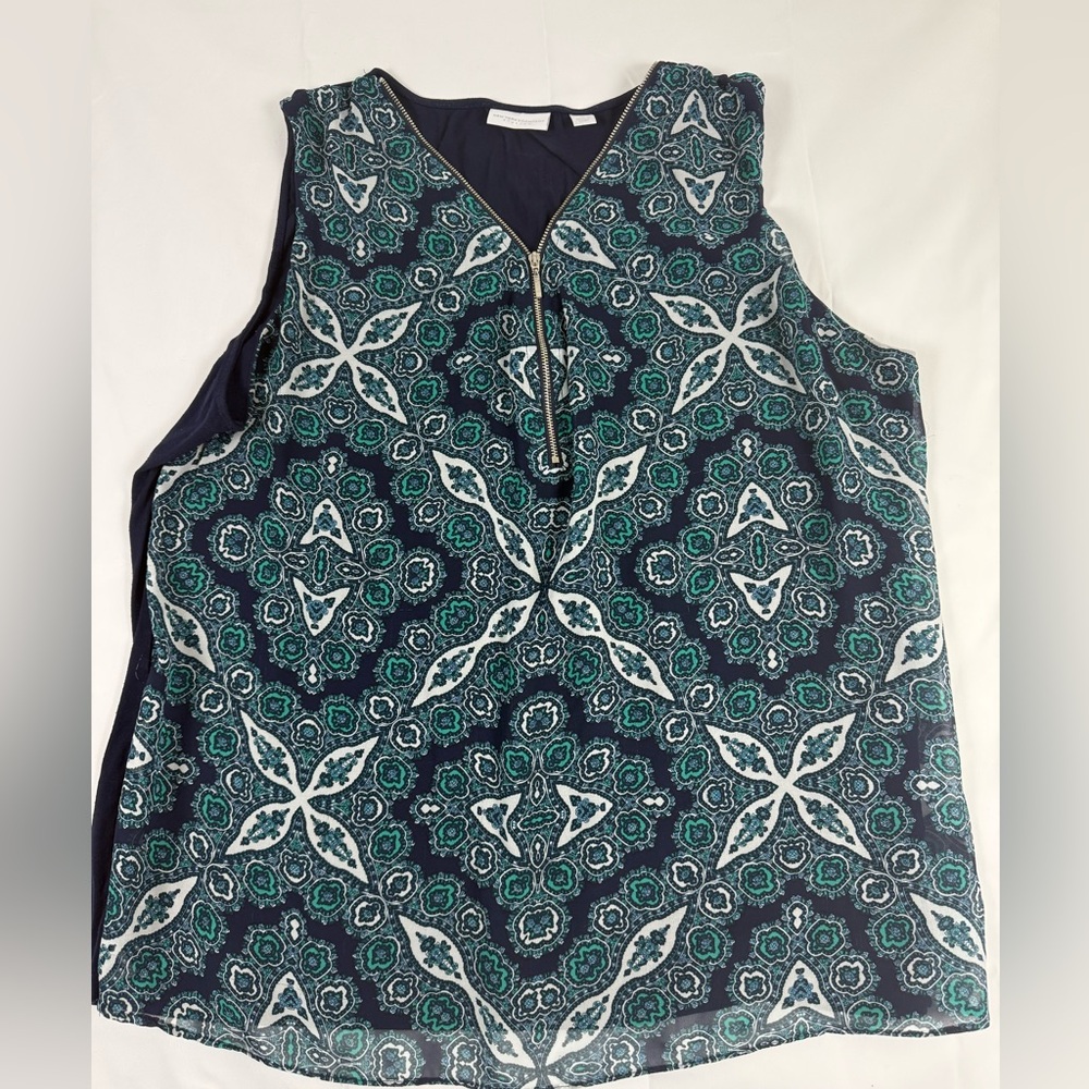 New York & Company Navy and Teal Geometric Blouse